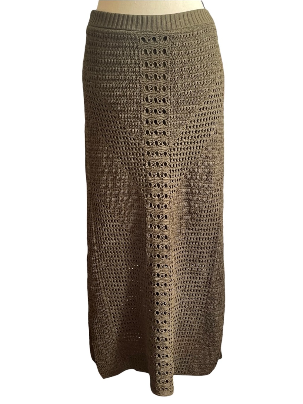 Express Green Brown High Waisted Open Knit Crochet Summer Boho‎ Midi Skirt XL